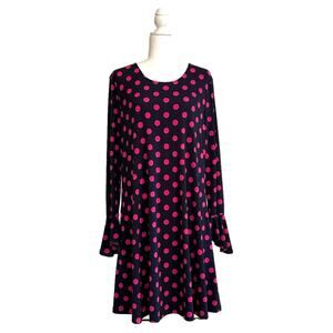 Est. 1946 Dress Dark Blue Pink Polka Dots Long Bell Sleeves Swing Large NEW